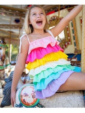 Lola + The Boys Pink and Yellow Tiered Ruffle Sundress